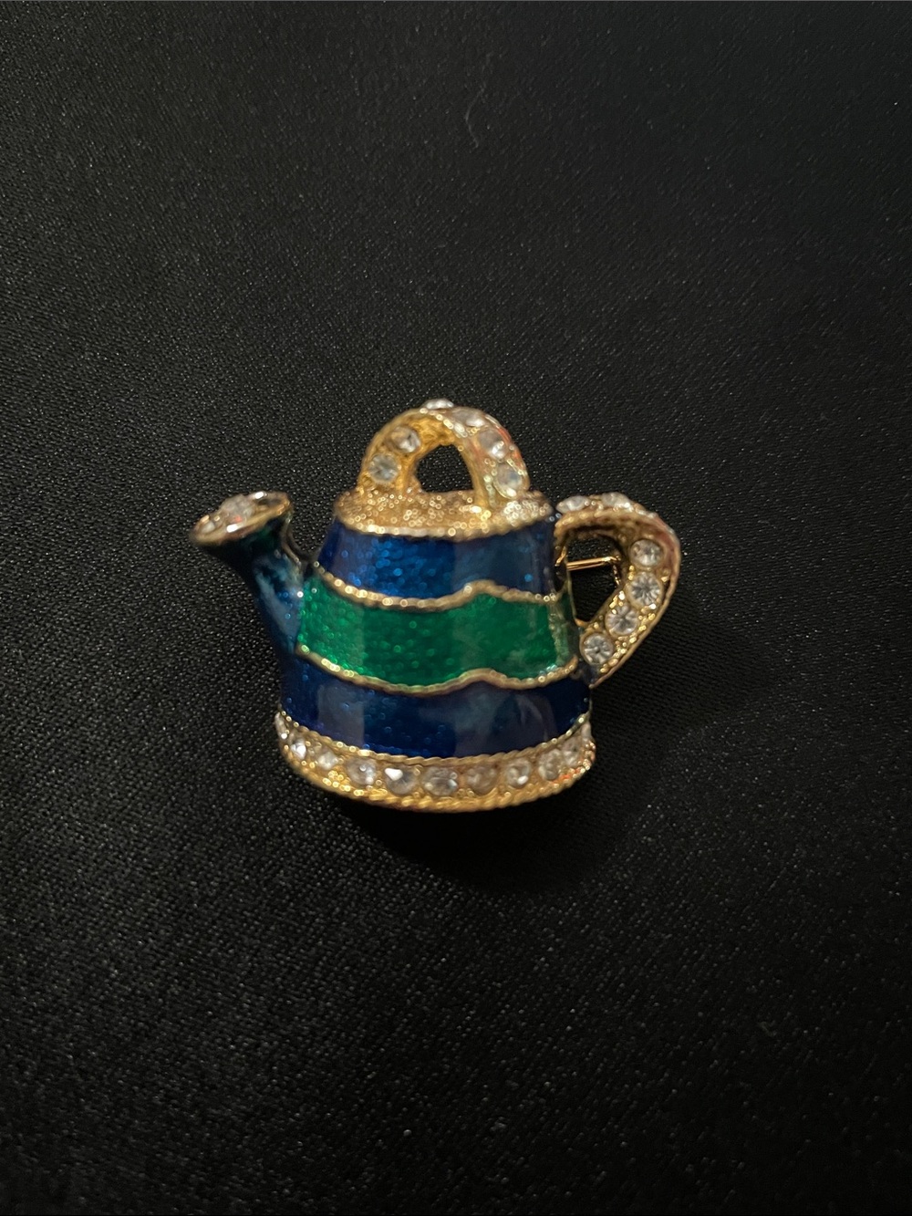 Source Unknown Blue and Green Striped Watering Can Brooch with Rhinestones - Picture 8 of 8